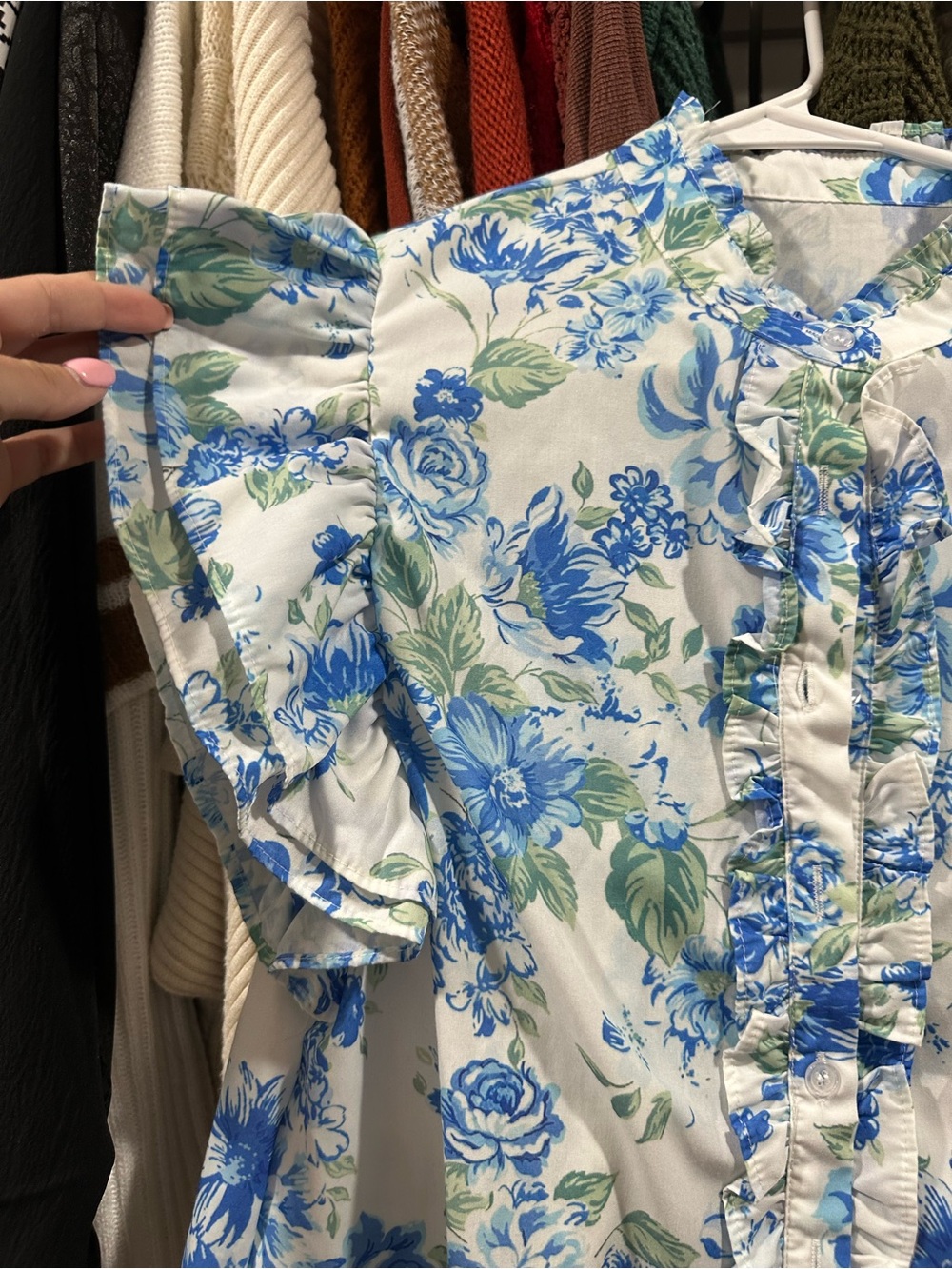 Blue & White Floral Ruffle Sleeve Blouse - Picture 5 of 6